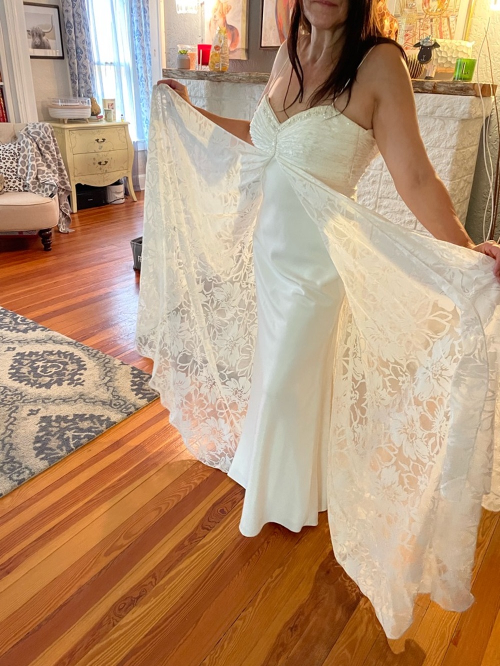 Michaelangelo thin strap,Ivory Satin wedding Gown with Lace Overlay